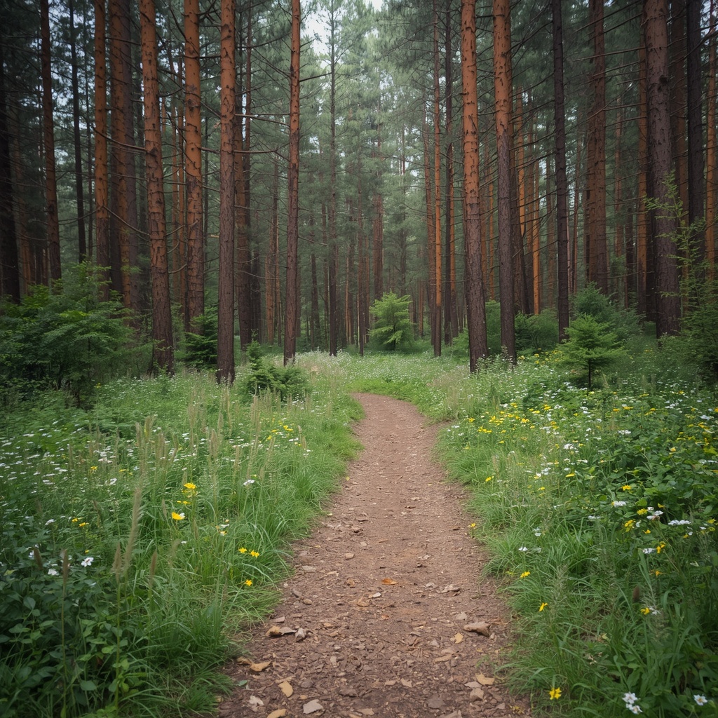 peaceful outdoor nature trail surrounded by tall trees and wildflowers representing a journey of self-discovery and emotional healing